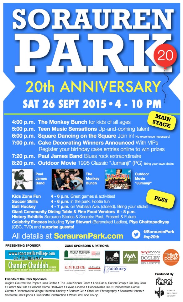 Poster for Sorauren Park 20th Anniversary, September 26, 4 to 10 p.m.